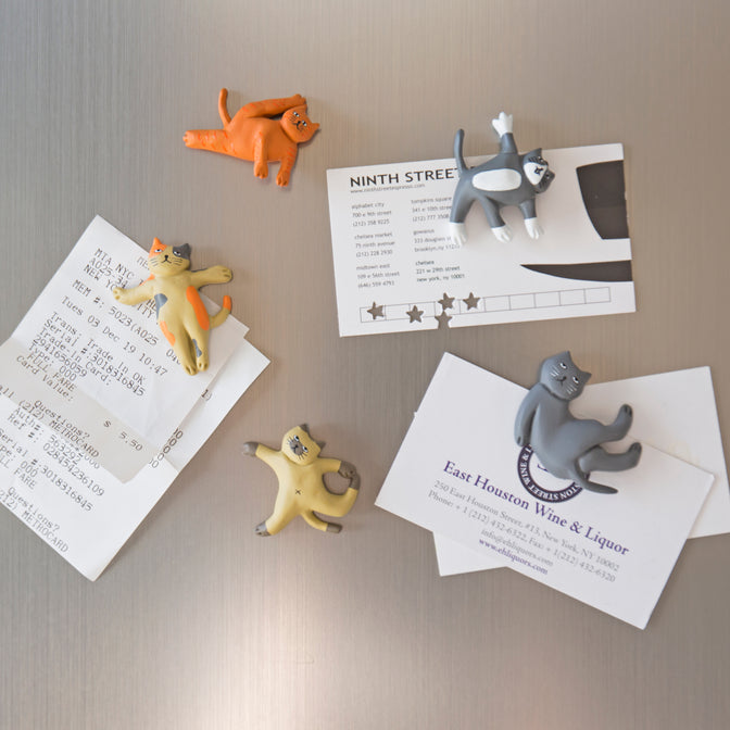 all five cat yoga magnets displayed on a magnetic surface holding receipts and notes