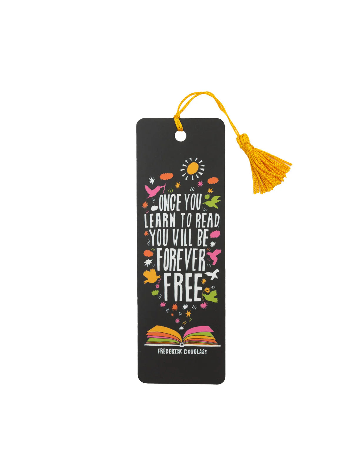 back view of the Frederick douglass quote book mark with pink, green, and orange flower and bird images