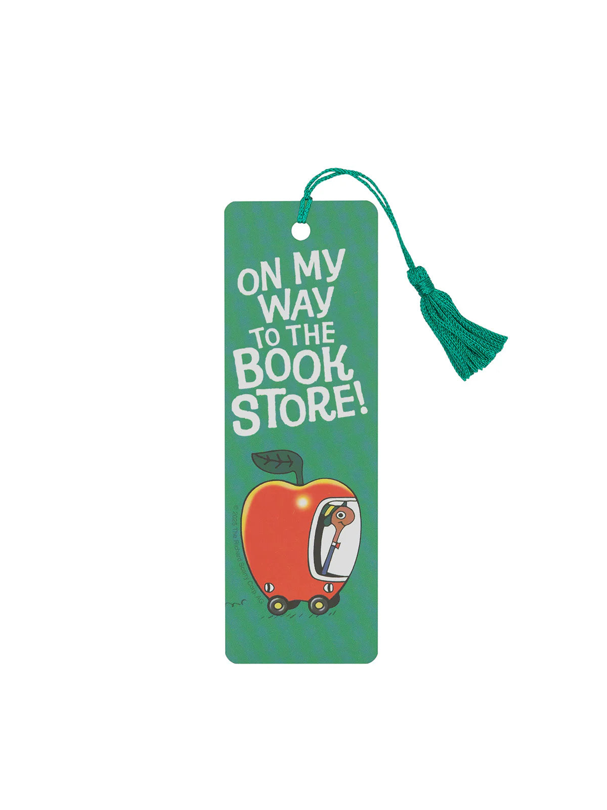 back view of green bookmark with white text and a richard scarry apple car image