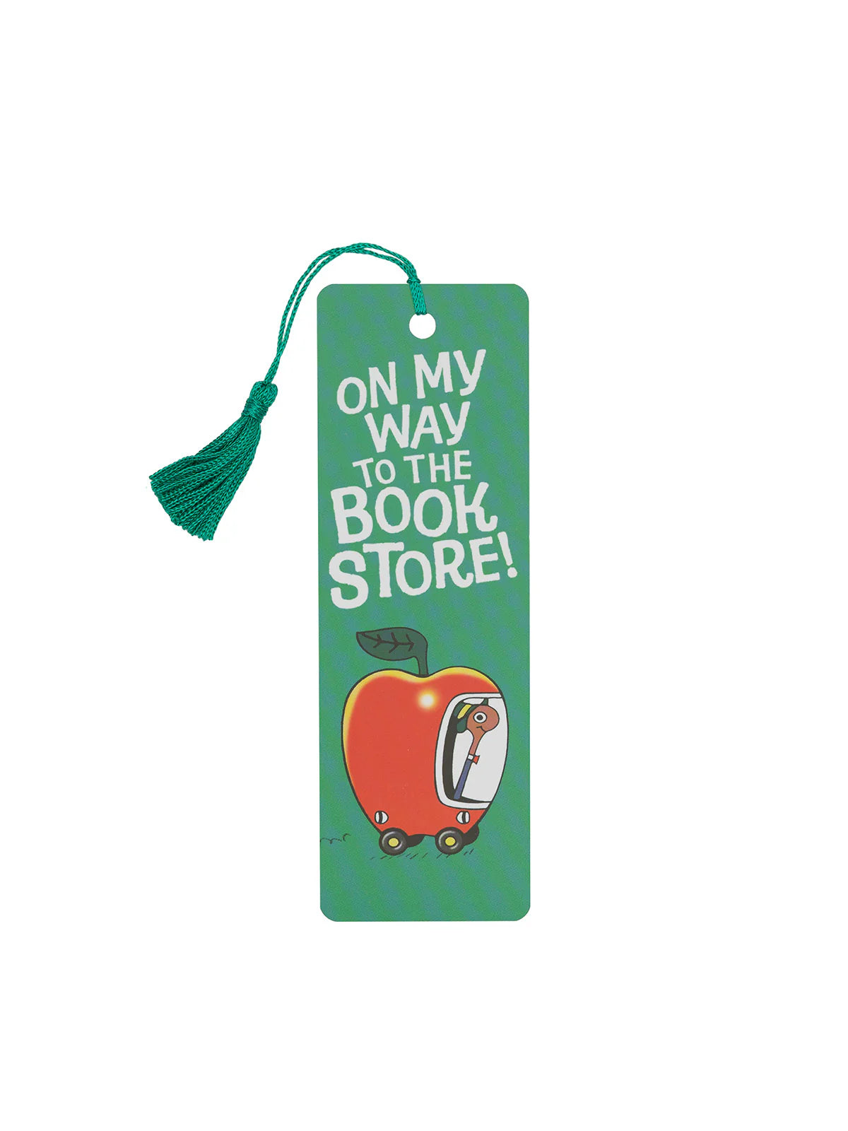 front view of green bookmark with white text and a richard scarry apple car image