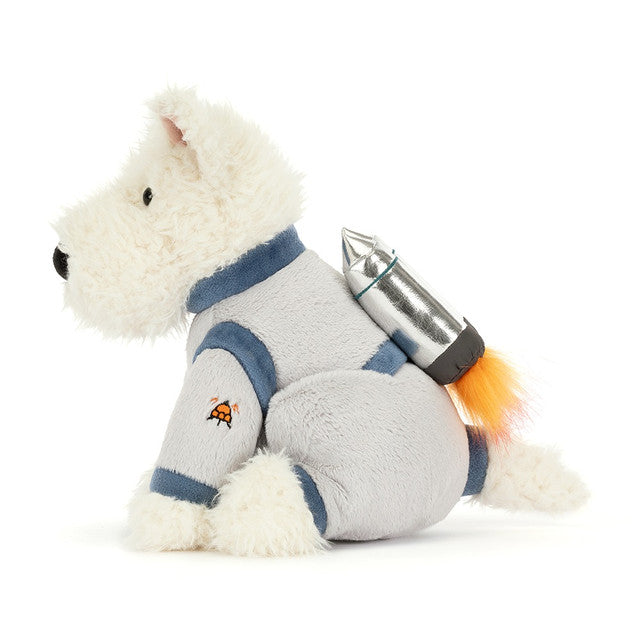 side view of Munroe Scottie Dog Space Outfit Plush Toy