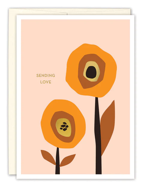 front of card is pink with white trim and illustration of orange flowers, gold text listed in the description, white envelope behind it and displayed on a white background