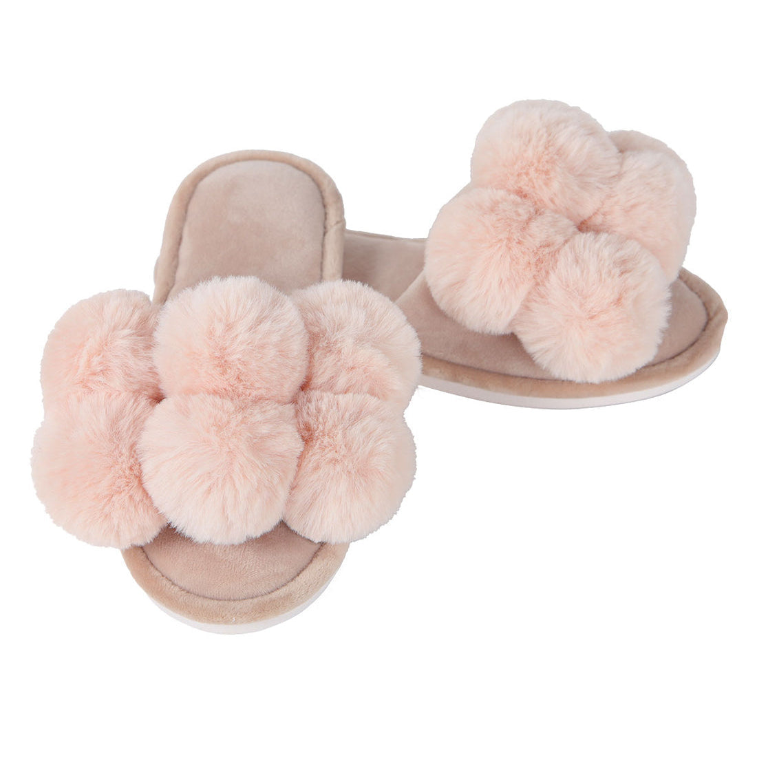 Pair of slip on slippers with pink pom-poms on a white background