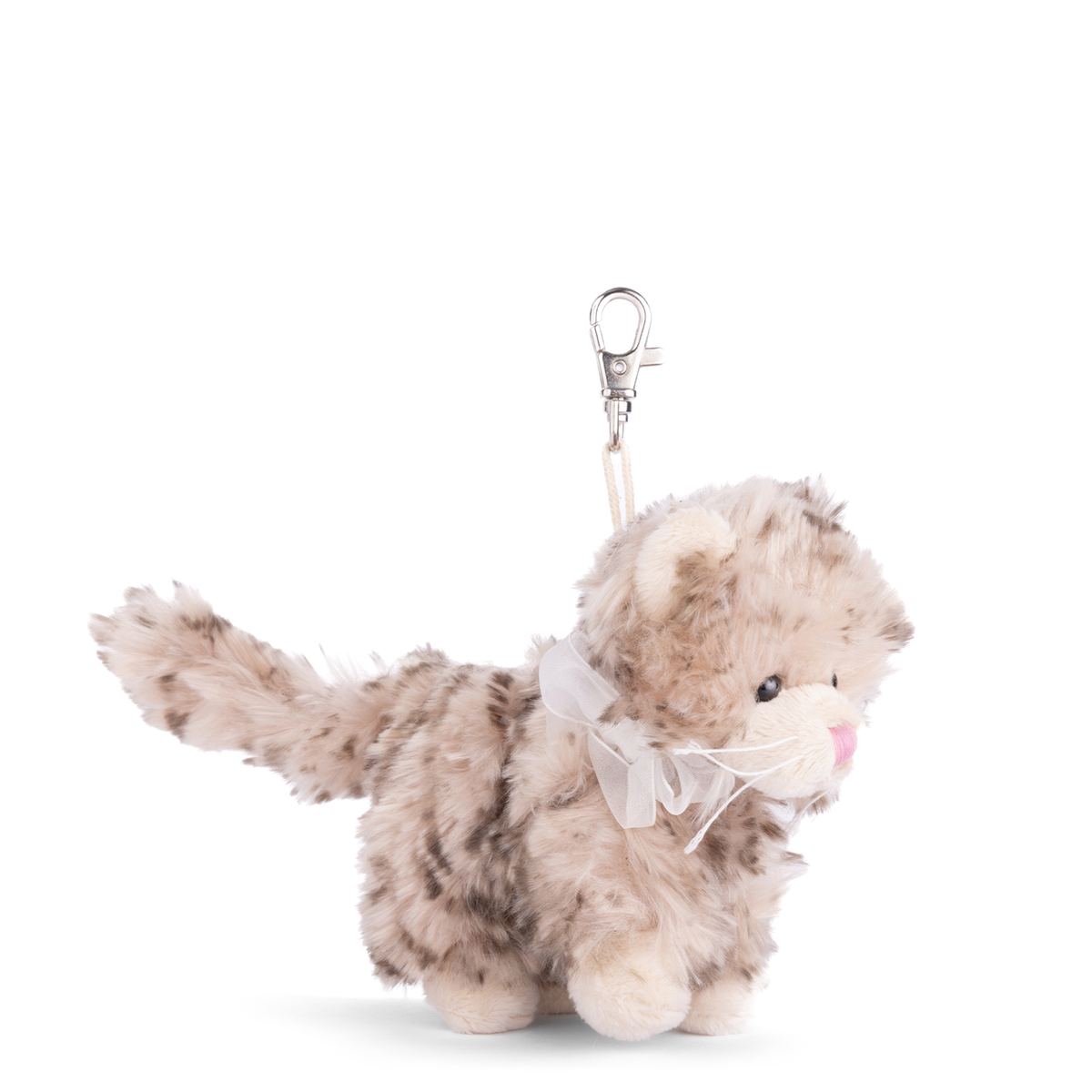 side view of beige Plush cat-shaped keychain with a bow on a white background
