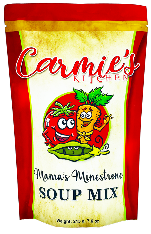 Carmie's Kitchen Mama's Minestrone Soup Mix packaging with cartoon characters on a white background