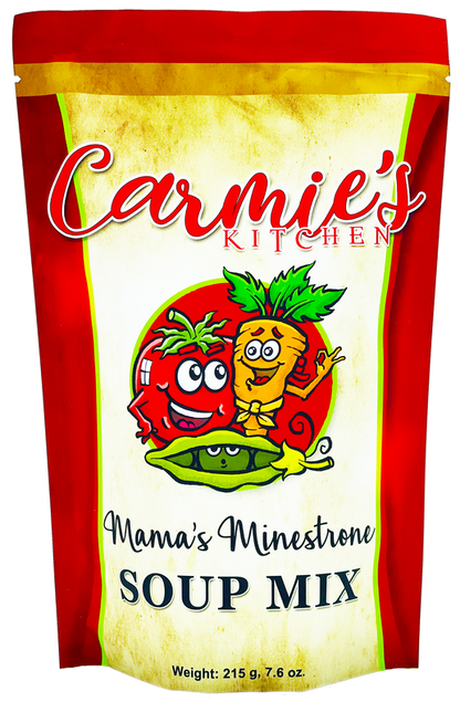 Carmie's Kitchen Mama's Minestrone Soup Mix packaging with cartoon characters on a white background