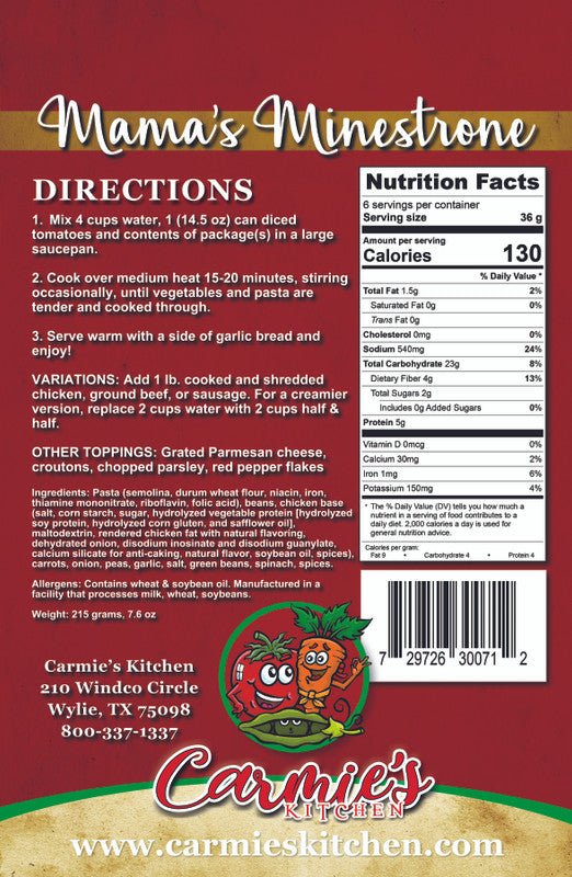 Carmie's Kitchen Mama's Minestrone soup mix packaging with directions, nutrition facts, and branding. Call 501-327-2182 for more information.