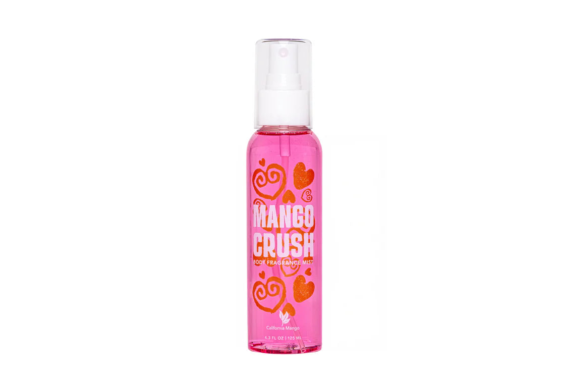 Pink bottle of 'Mango Crush' on a white background