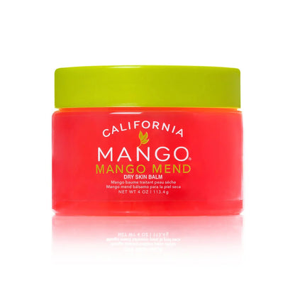 orange jar of California Mango Dry Skin Balm with a green lid on a white background