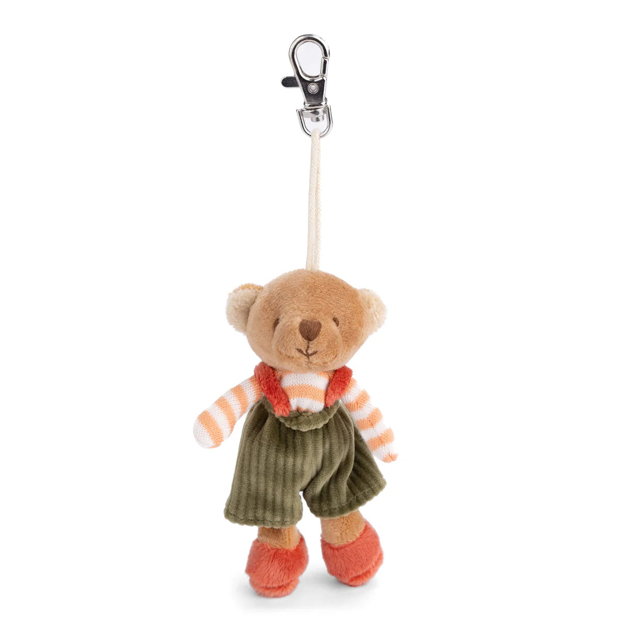 Stuffed teddy bear keychain with a clip on a white background