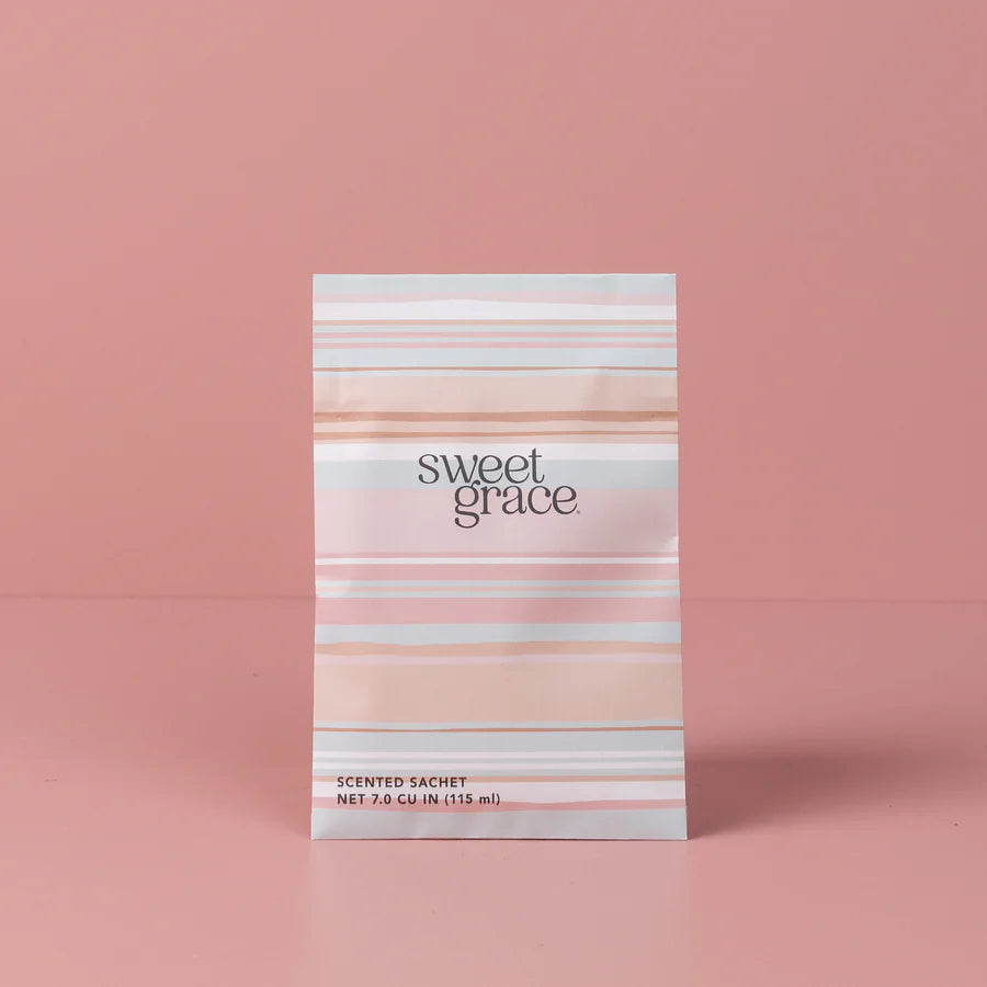 Sweet Grace Scented Sachet with modern stripe design of pinks, white, and grey