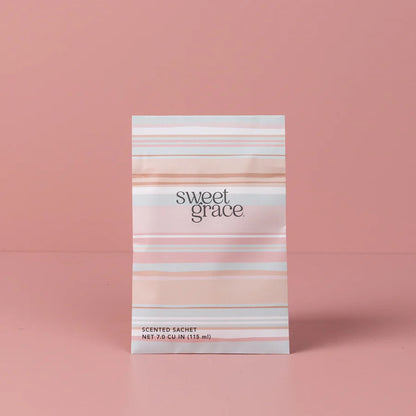 Sweet Grace Scented Sachet with modern stripe design of pinks, white, and grey