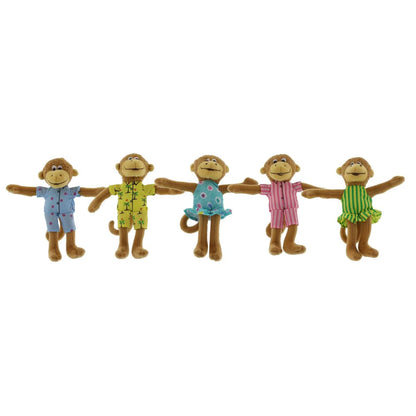 all Five Little Monkeys Finger Puppets in a row on a white background.