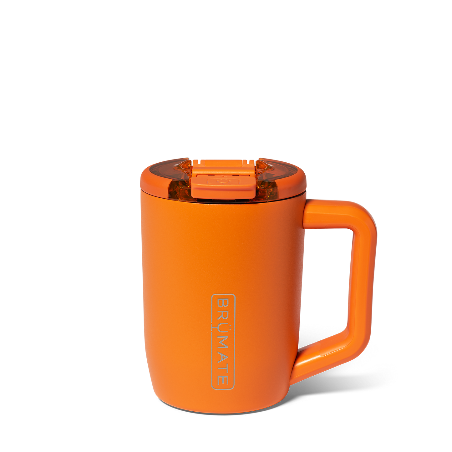 Orange travel mug with a lid on a white background