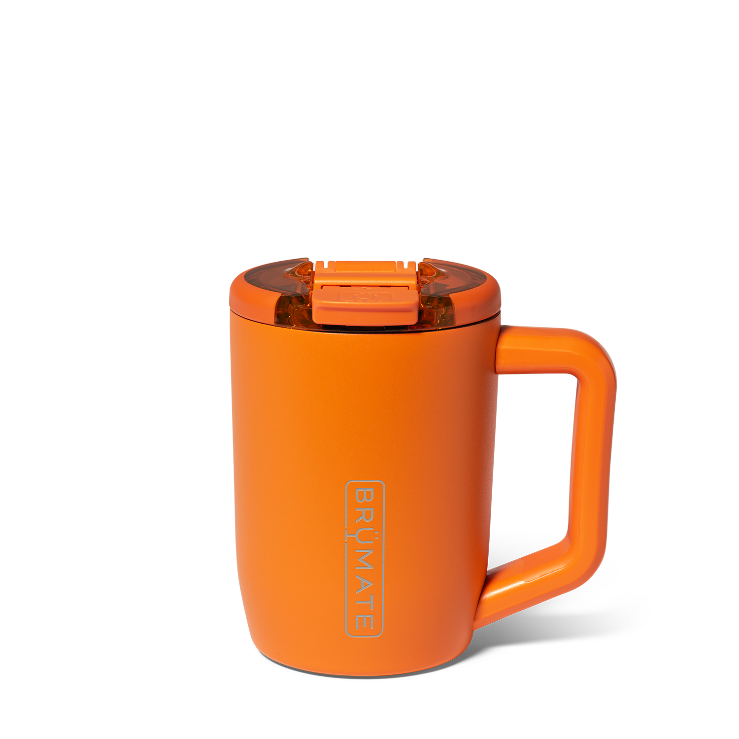 Orange travel mug with a lid on a white background