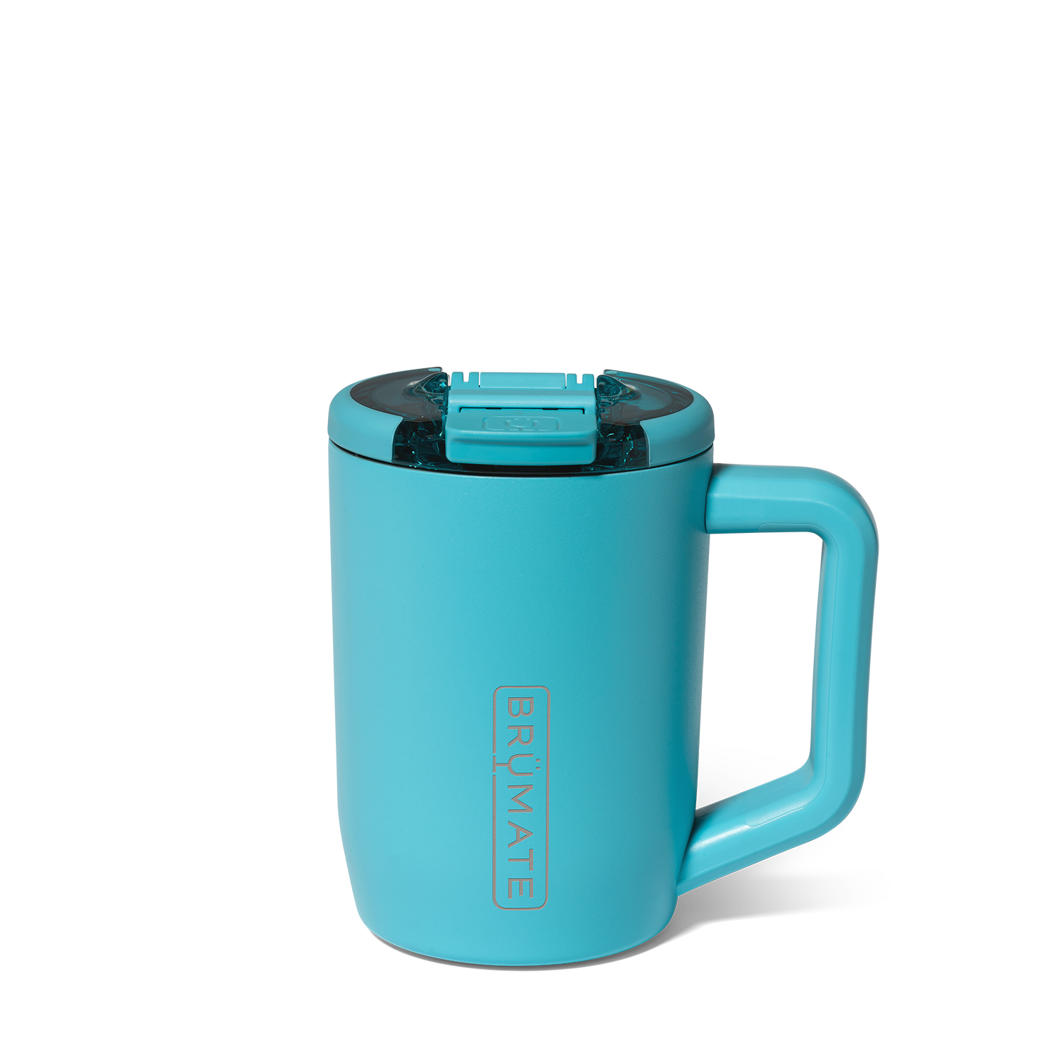 Turquoise travel mug with handle on a white background