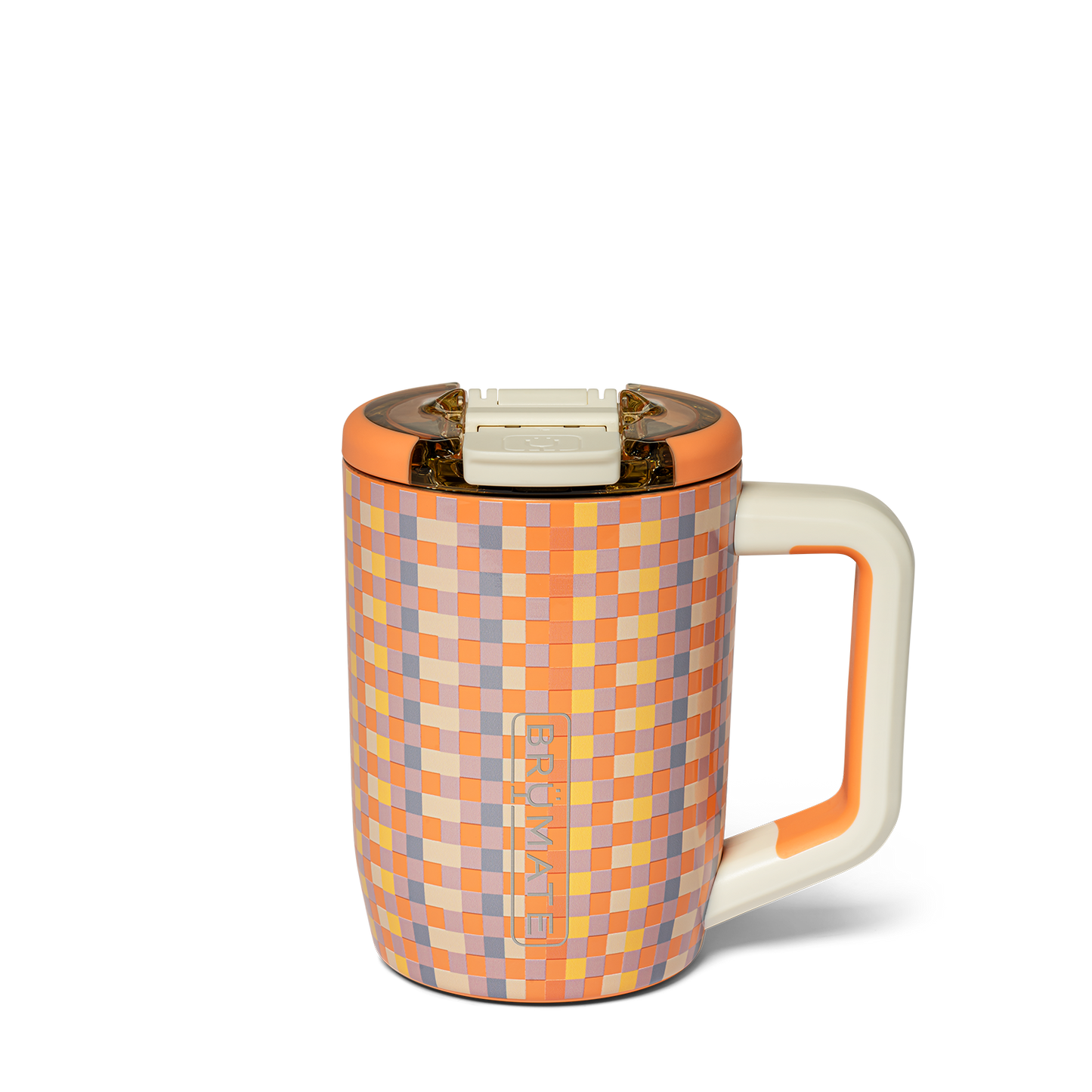 orange, purple, and yellow check patterned insolated travel mug shown on a white background