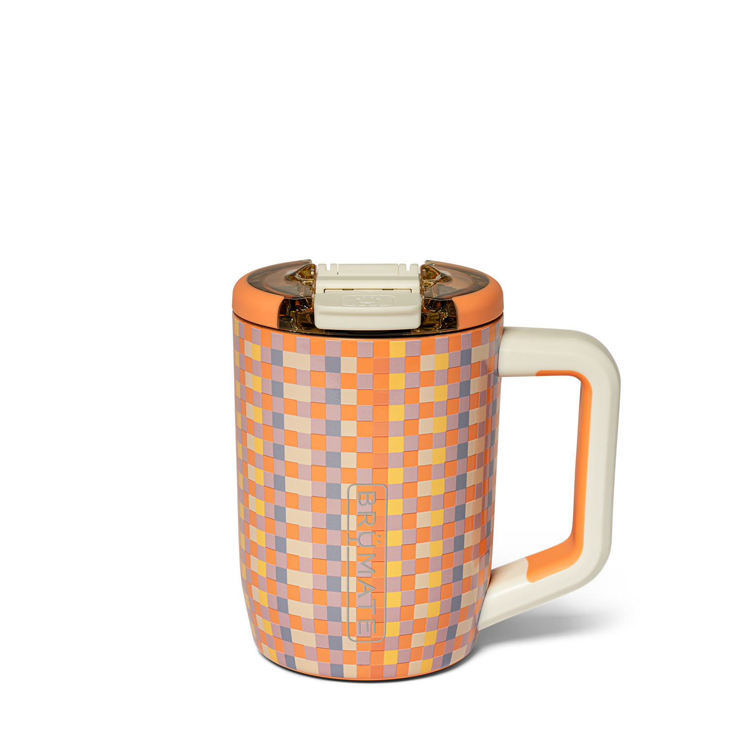 orange, purple, and yellow check patterned insolated travel mug shown on a white background