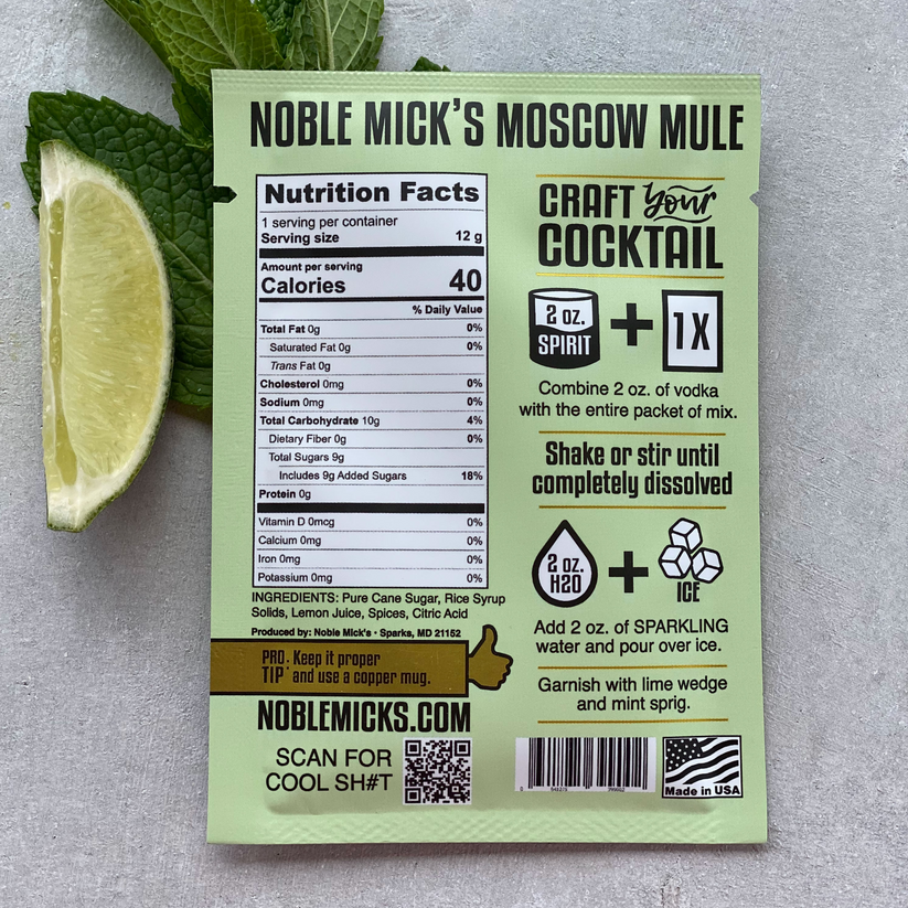 back of Moscow Mule mix packet with ingredients and nutrional info. for more information call the kitchen store and more at 501-327-2182.