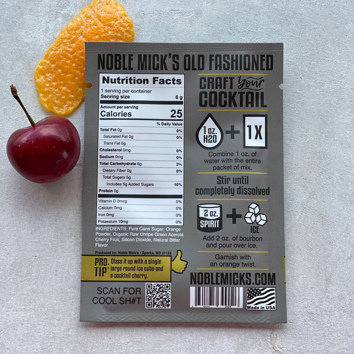 back of Old Fashioned mix packet with ingredients and nutrional info. for more information call the kitchen store and more at 501-327-2182.