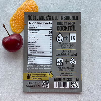 back of Old Fashioned mix packet with ingredients and nutrional info. for more information call the kitchen store and more at 501-327-2182.