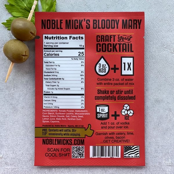 back of bloody mary mix packet with ingredients and nutrional info. for more information call the kitchen store and more at 501-327-2182.