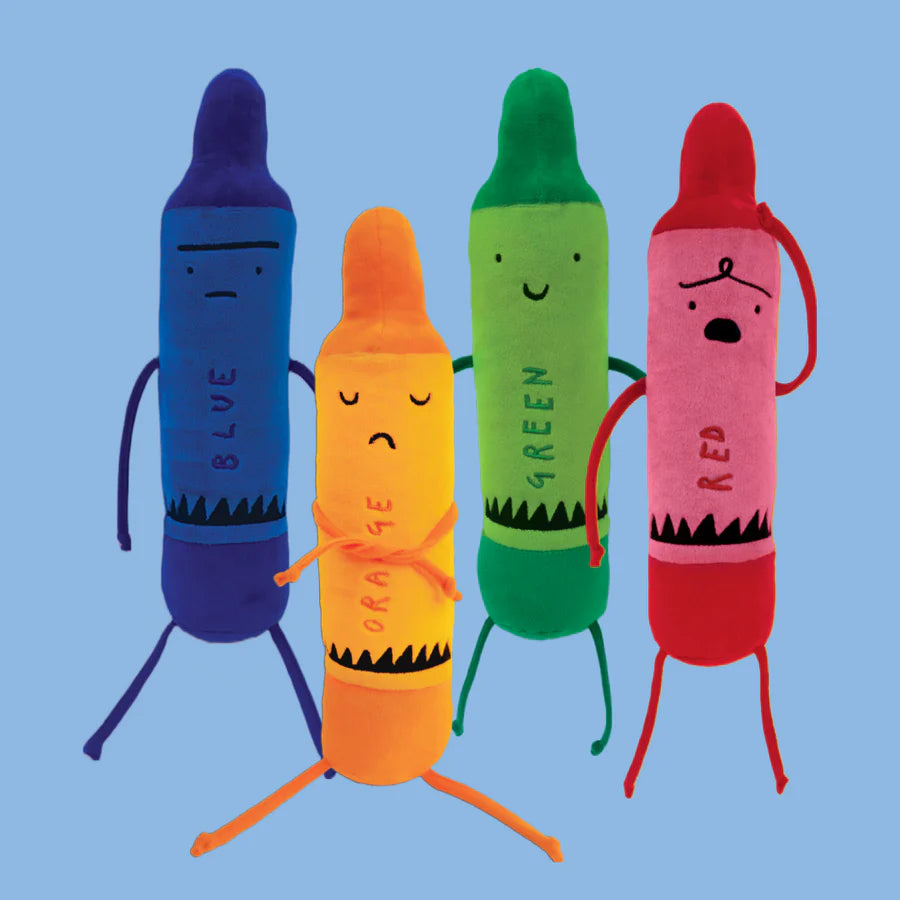 4 colors of The Day the Crayons Quit Soft Toy arranged on a  blue background