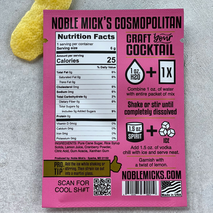 back of cosmopolitan  mix packet with ingredients and nutrional info. for more information call the kitchen store and more at 501-327-2182.