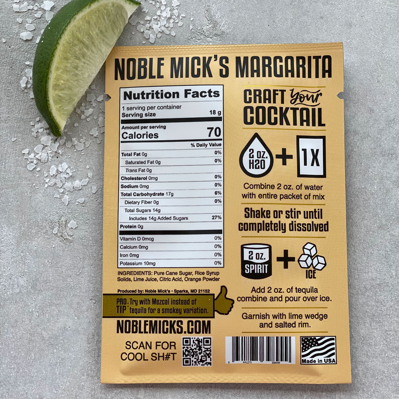 back of Margarita  mix packet with ingredients and nutrional info. for more information call the kitchen store and more at 501-327-2182.