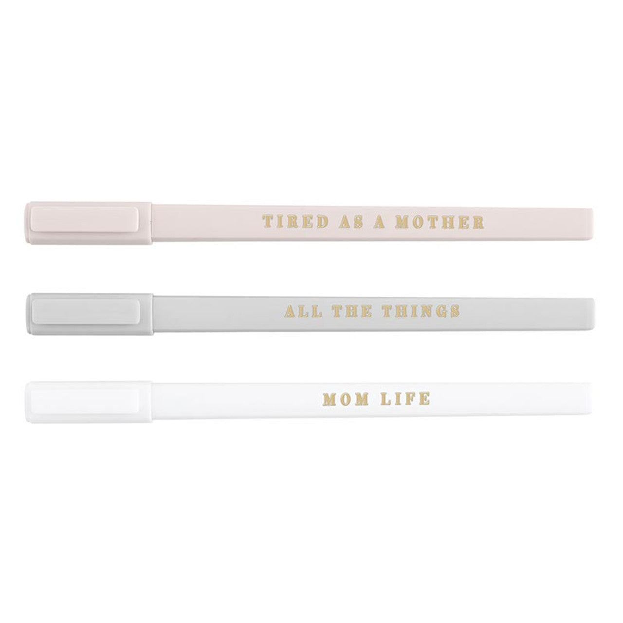 1 pink, 1 grey, and  white pen with mom sayings printed on them.