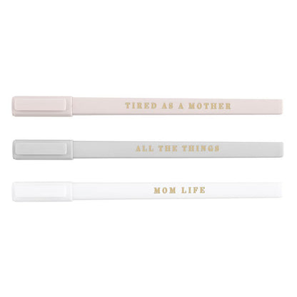 1 pink, 1 grey, and  white pen with mom sayings printed on them.