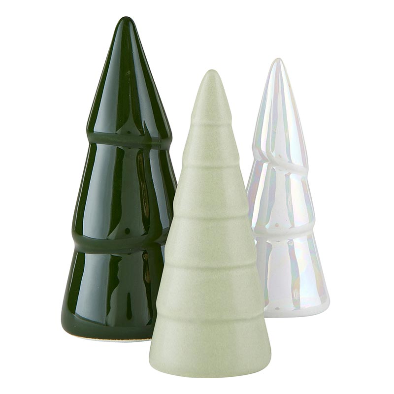 3 sizes and colors of ceramic trees clustered together on a white background.