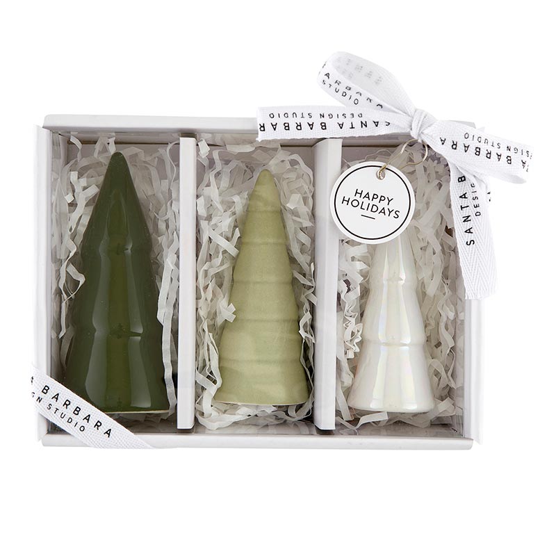 3 sizes and colors of ceramic trees in box packaging.