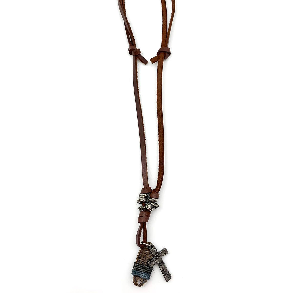 leather necklace with cross and tag pendants on a white bacground.