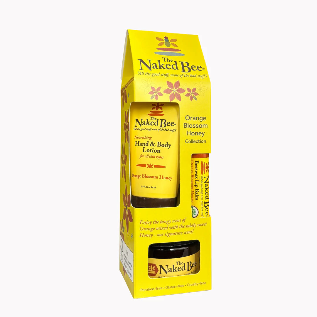 Naked Bee Orange Blossom Honey collection in a bright yellow box set on a white background