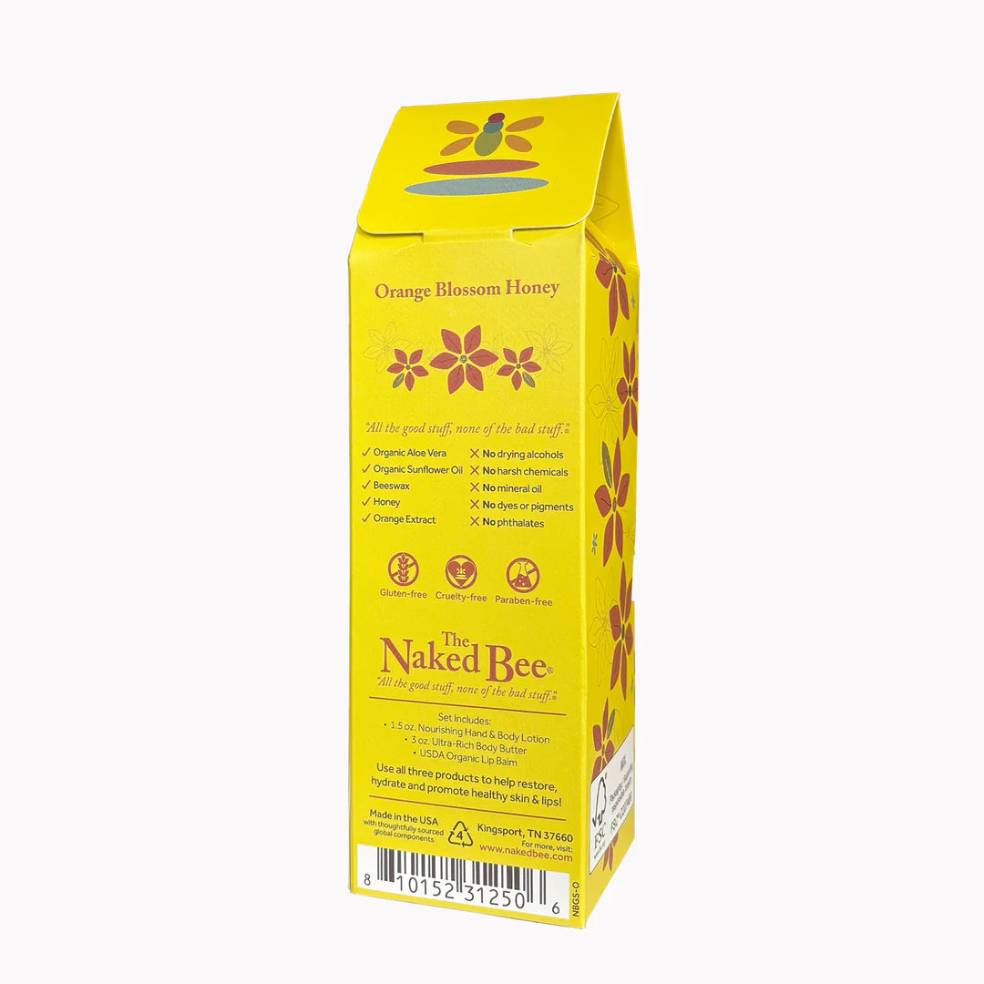 back view of Naked Bee Orange Blossom Honey collection in a bright yellow box