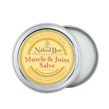 Naked Bee Muscle & Joint Salve tin partially open with yellow label on a white background