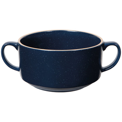 navy double handled soup bowl on a white background