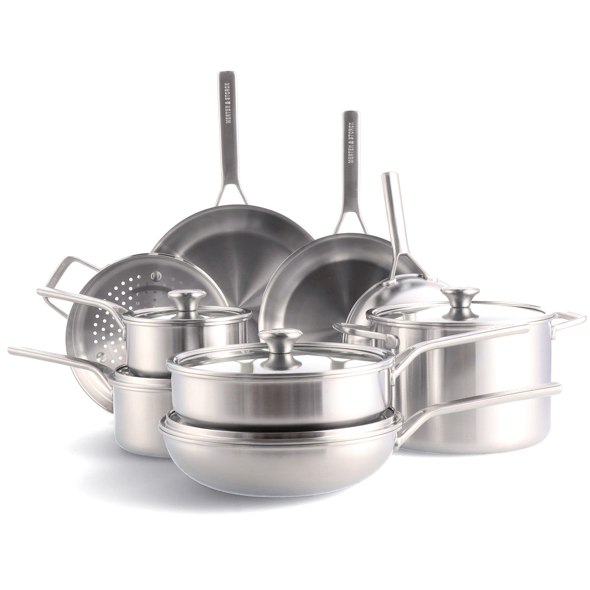 14 piece stainless steel cookware set arranged on a white background.