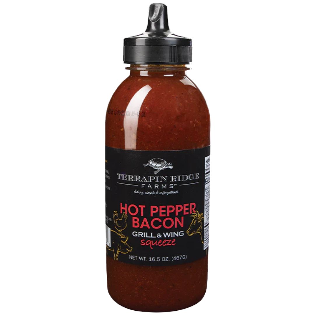 squeeze bottle of Hot Pepper Bacon Grill & Wing sauce.