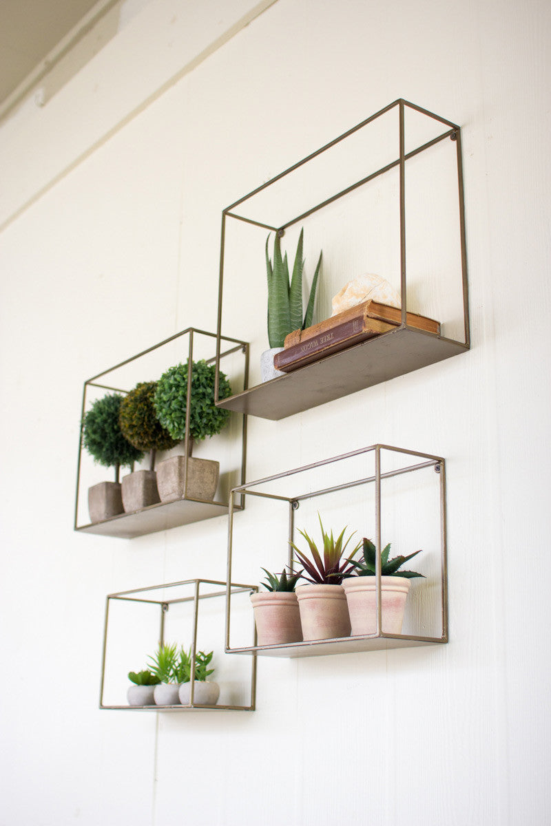 4 sizes of metal shelves hung on a wall with plants and books on them.