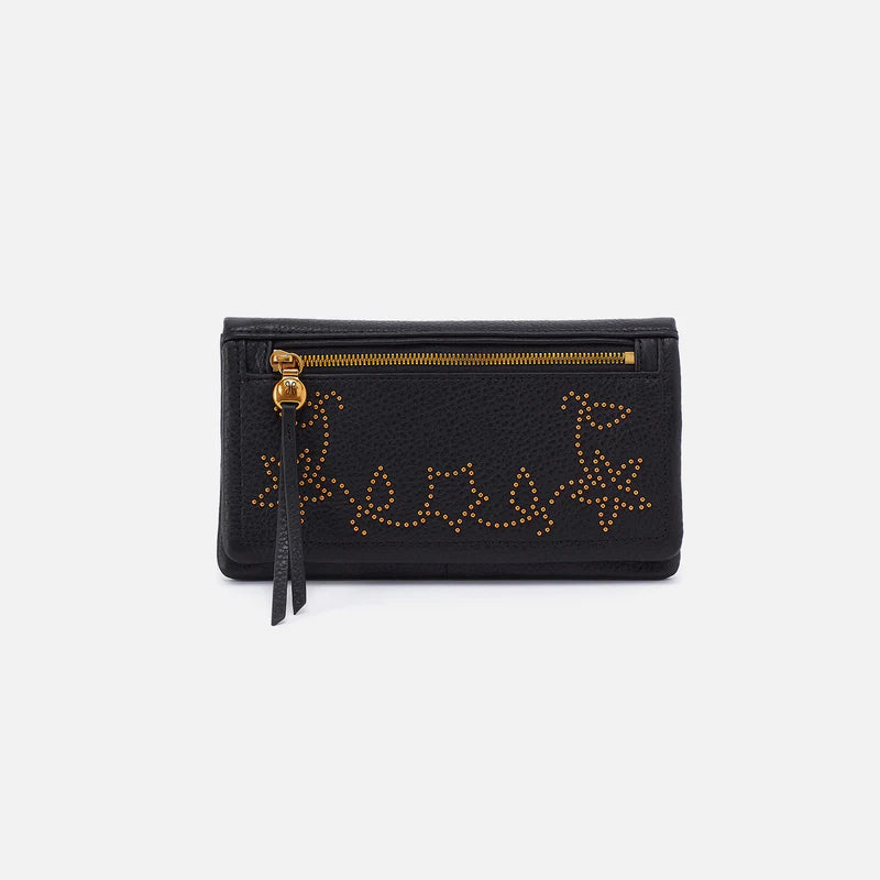 black Lumen Continental Wallet with gold stud in floral pattern
