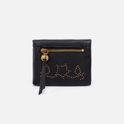 black lumen mini wallet with gold studs in floral design