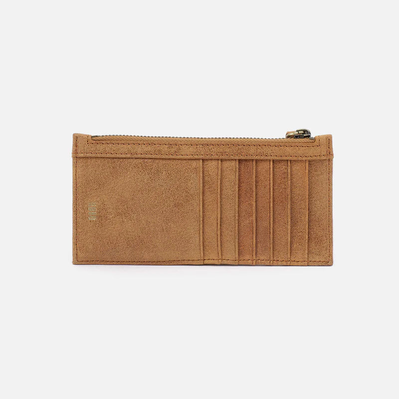 card side view of carte card wallet in buffed leather whiskey