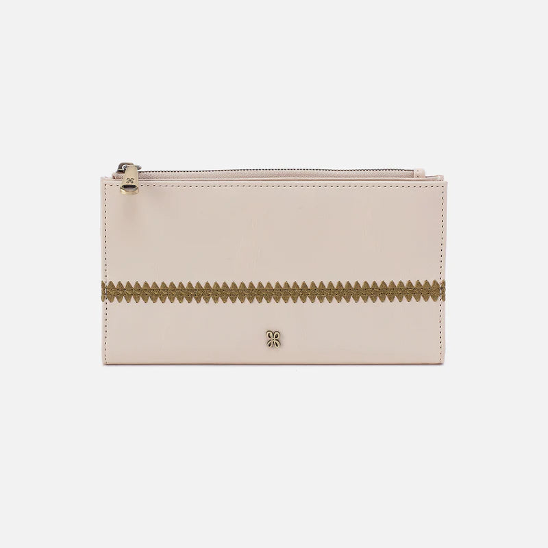 front view of jill large bifold wallet in pale flax with green trim