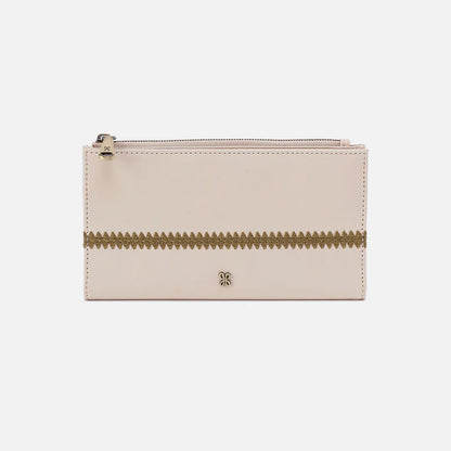 front view of jill large bifold wallet in pale flax with green trim