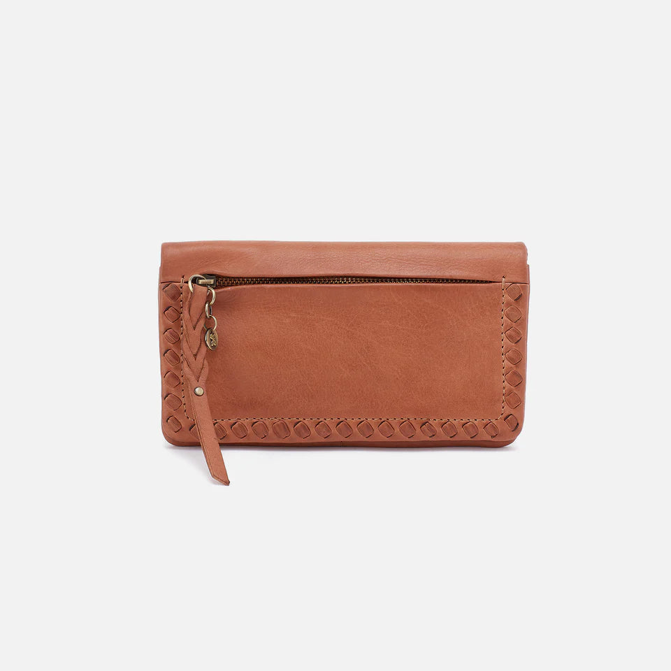 Brown leather clutch bag on a white background
