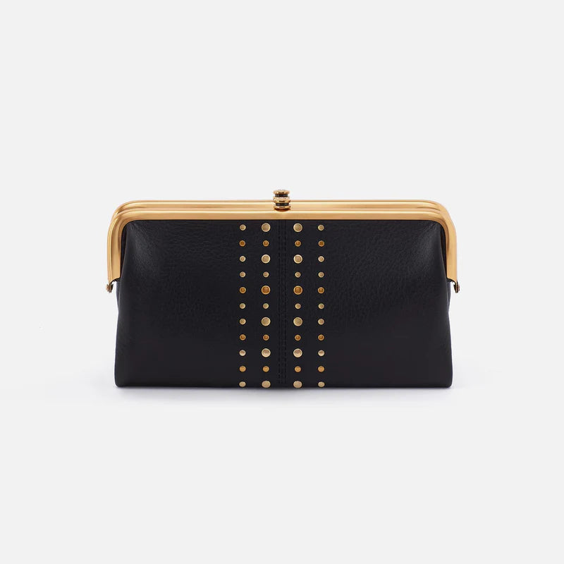Lauren Clutch Wallet in black with gold studs shown on a white background