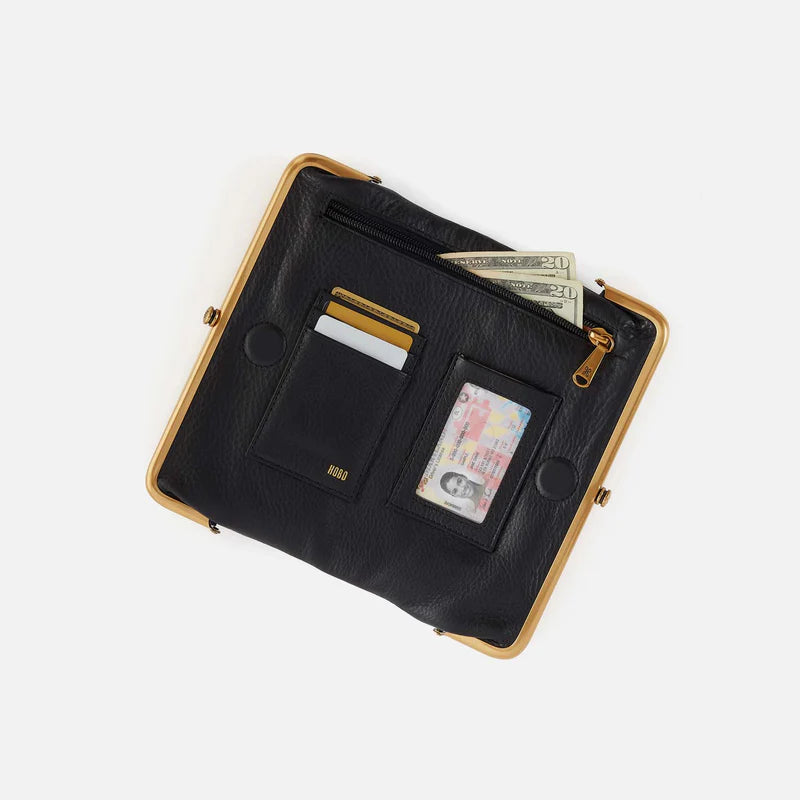 Lauren Clutch Wallet in black with gold studs open showing interior