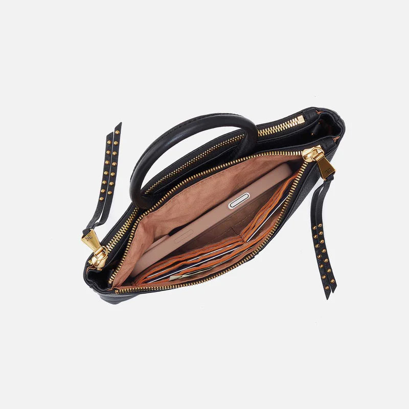 interior view of black Sable Crossbody with gold details